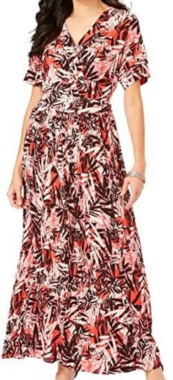Roaman's Women's Plus Size Long Dress 1X Coral Tropical Leaves Short Sleeve Zip